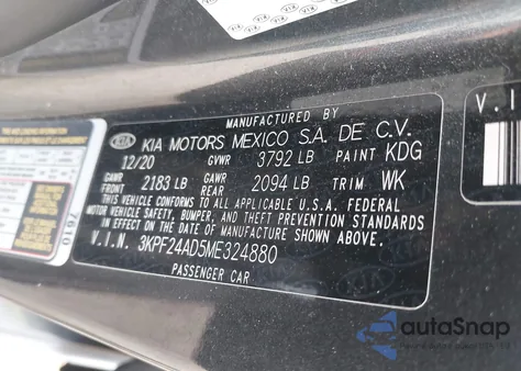 2021 Kia Forte Lxs из США, поврежденный, VIN 3KPF24AD5ME324880
